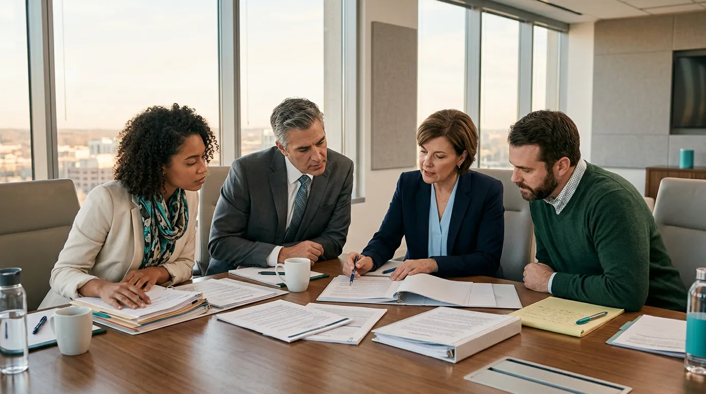 Healthcare compliance team reviewing vendor contracts in conference room