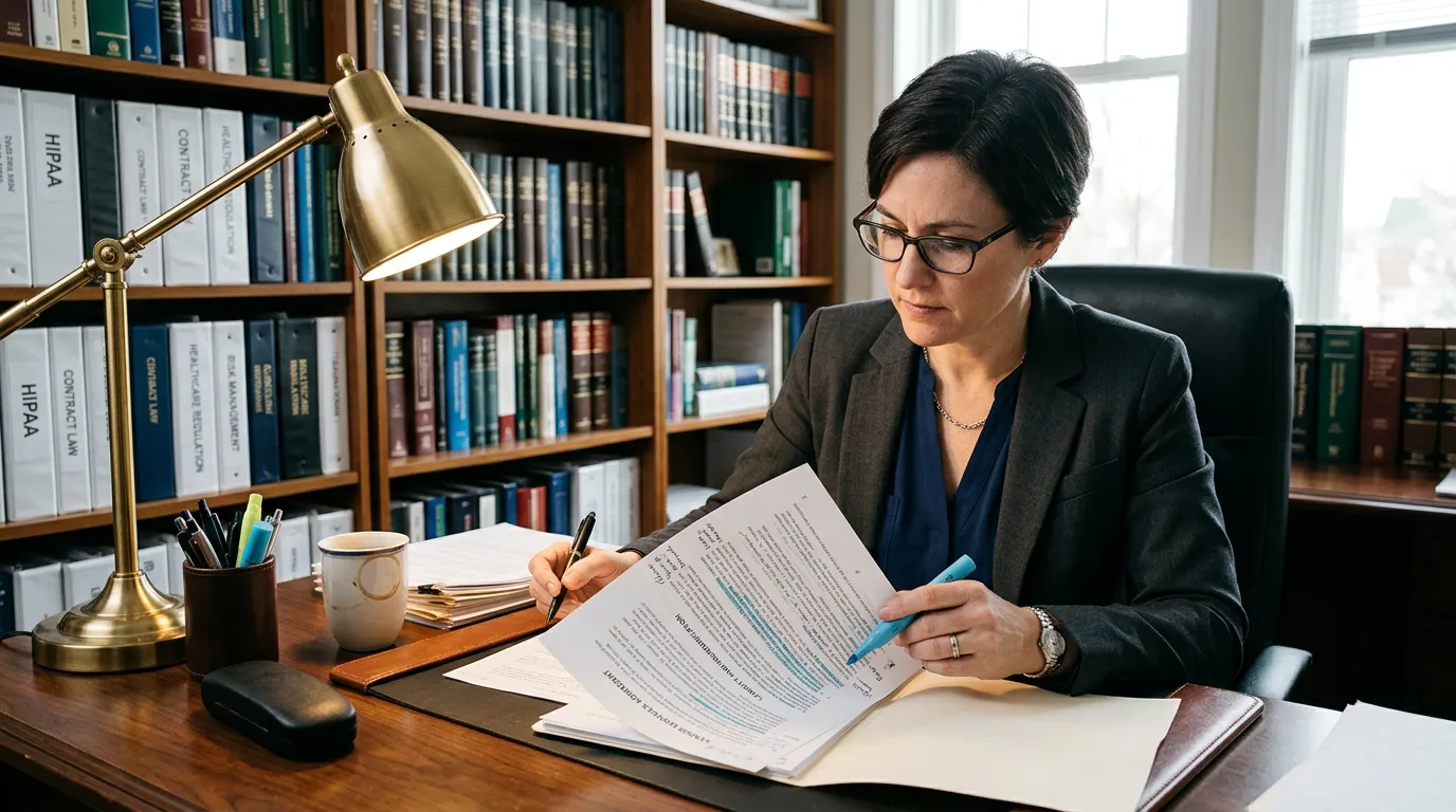 Attorney reviewing healthcare vendor contract liability clauses