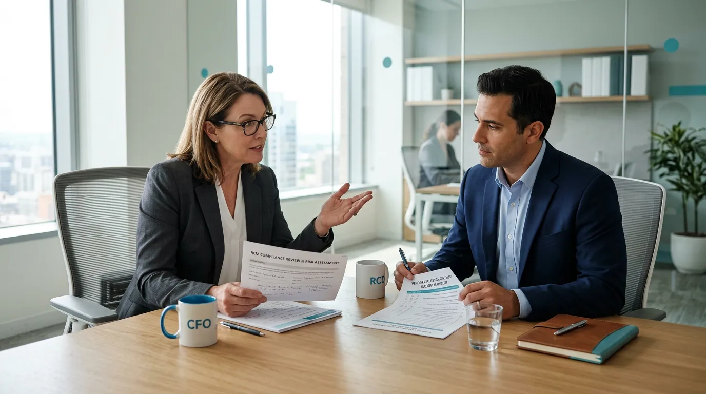 CFO and revenue cycle director reviewing vendor compliance documentation