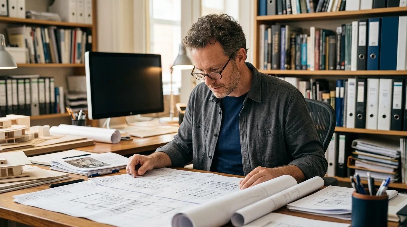 Architecture firm principal reviewing project drawings at desk