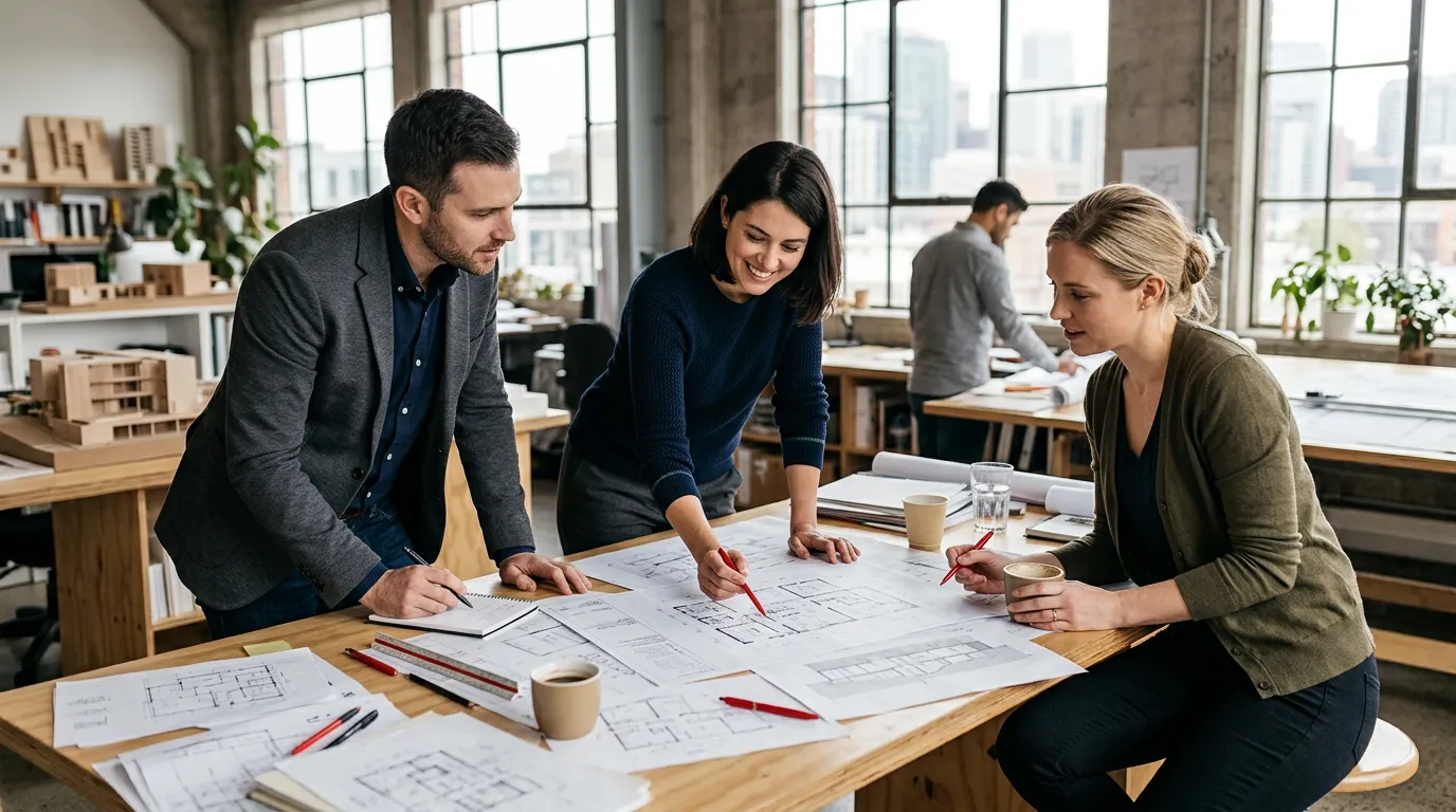Small architecture team collaborating around a project table