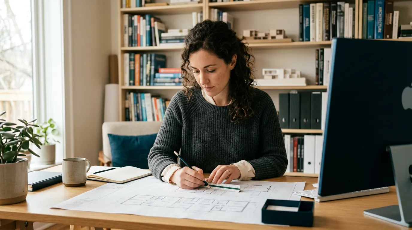 Remote architect working at home office on technical drawings