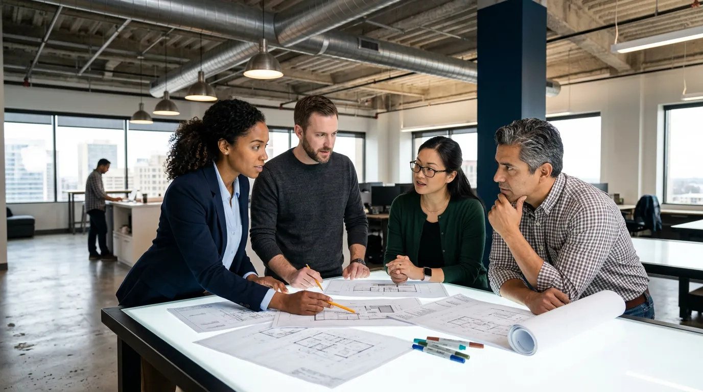 Architecture firm team reviewing construction documents together