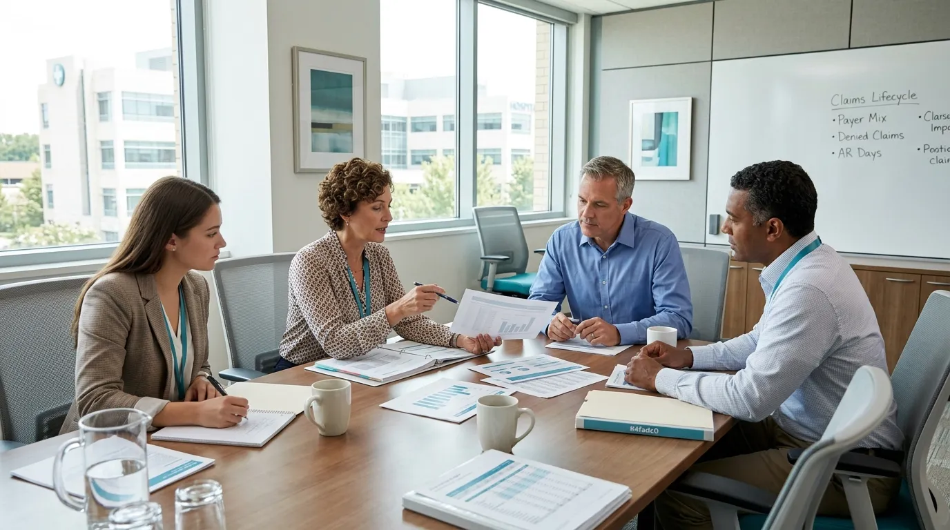 Revenue cycle team reviewing billing workflows in a hospital office