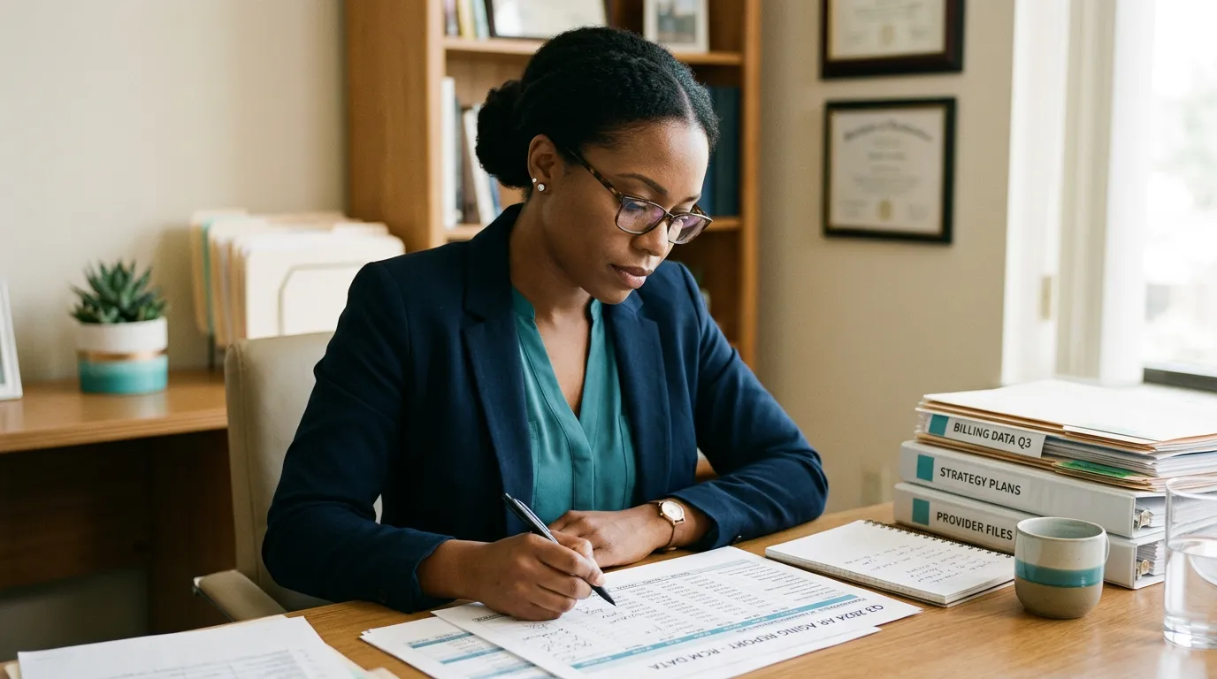 Healthcare administrator reviewing AR aging reports at a desk